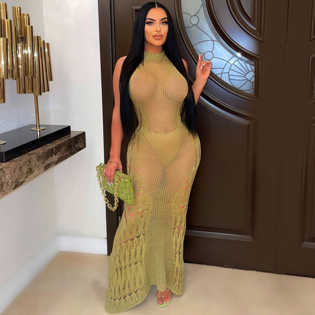 Summer Sexy Women Dress Fashionable Knitted Hollow Out Cutout Beach Dress
