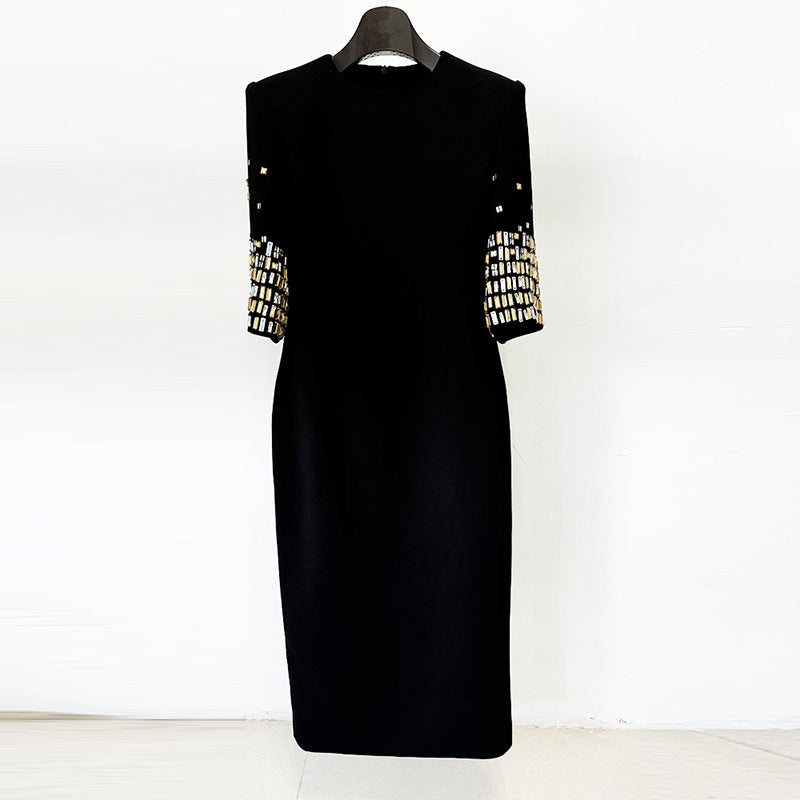 Autumn Winter Heavy Industry Beads Diamond Five Quarter Sleeve Mid Length Dress