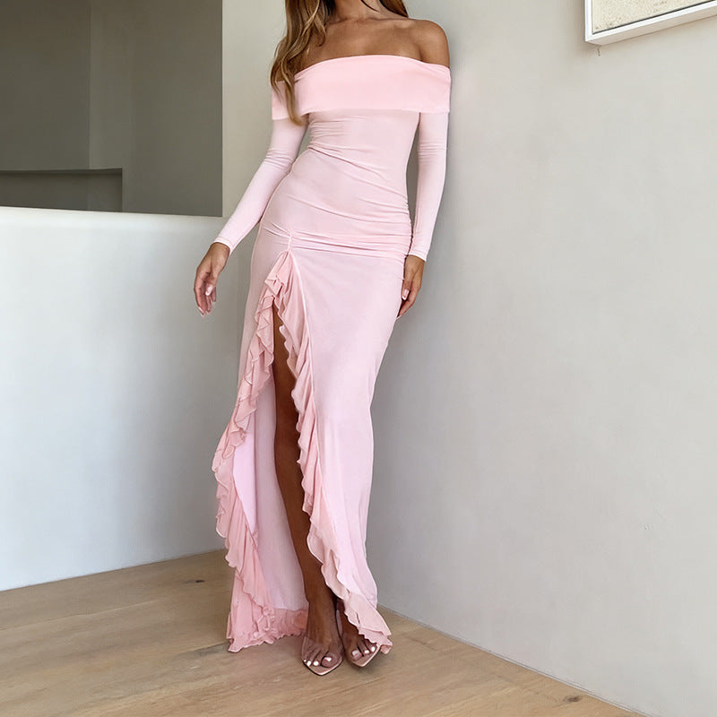 Off Shoulder Sexy Slit Ruffled Long Sleeve Dress for Women Autumn Slim Fit Maxi Dress