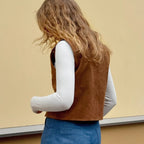 Autumn Women Clothing Coat Suede Matte Casual Short Retro British V neck Bandage Vest