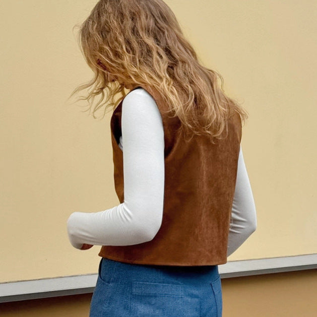 Autumn Women Clothing Coat Suede Matte Casual Short Retro British V neck Bandage Vest
