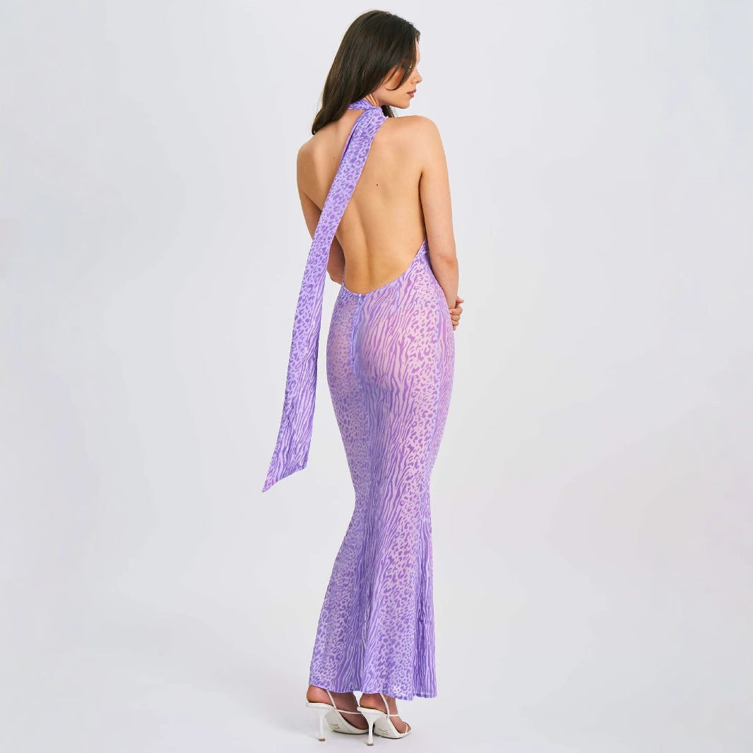 Lace up Bare Back Sexy Halter High Waist See through Mesh Slim Fit Oblique Shoulder Dress