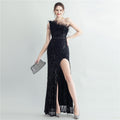 Heavy Industry Ostrich Hair Craft Bundle Hair Oblique Shoulder Side Slit High End Evening Dress