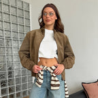 Women Jacket Retro Personality Street Khaki Suede Warm Jacket Autumn Winter