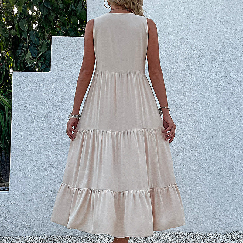 Summer Vest Dress Sleeveless Loose Casual Solid Color Babydoll Dress