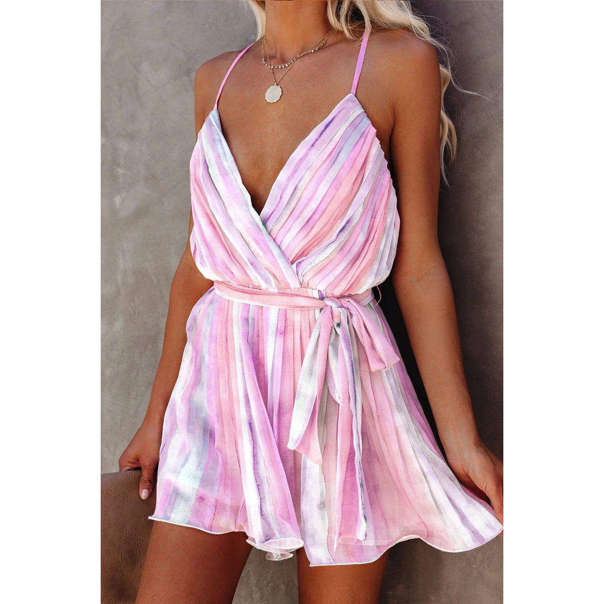 Spring Summer Suspender Pleated Chiffon Dress Home Lace up Sexy V neck Chiffon Dress