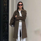 Spring Summer Casual Retro Classic Brown Long Knitted Suede Fabric Long Sleeve Overall Trench Coat Women