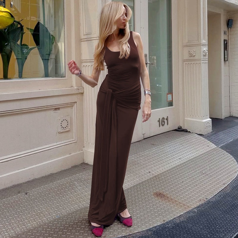 Women Trend Solid Color U Collar Sleeveless Vest Waist Trimming Lace up Tight Dress