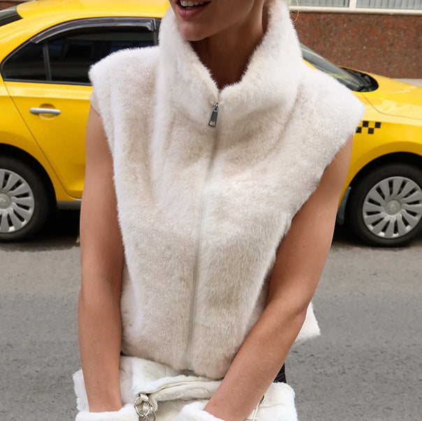 Autumn Winter Arrival Solid Color Sleeveless Zipper Vest Mink like Fur High Collar Loose Plush Coat Women