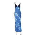 Women Wear Printed Mesh Sexy V neck Contrast Color Long Slim Strap Dress Women