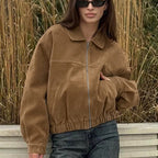 Autumn Winter Retro British Leather Coat Women Loose Zip Suede Fabric Jacket