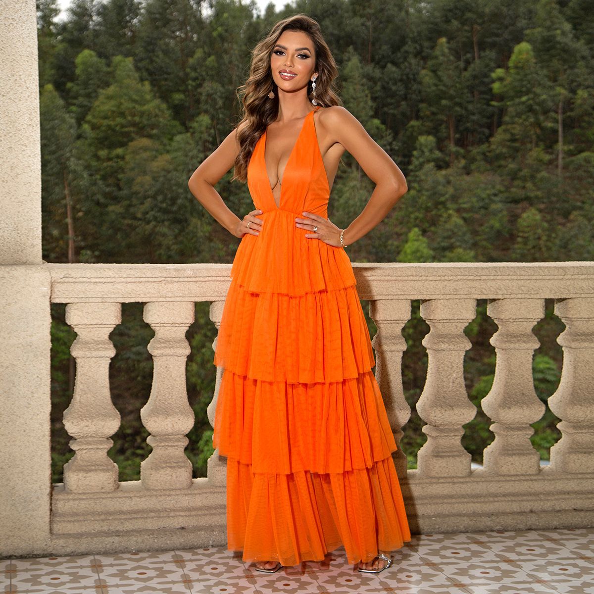 Summer Long V neck Plush Collar Backless Hem Mesh Pleats Backless Cami Dress