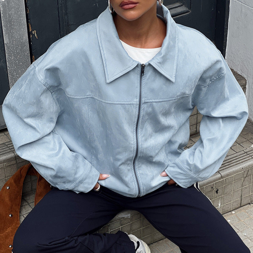 Retro Leather Coat Women Niche Blue Cool Feeling High Street Fashionable Zipper Autumn Winter Suede Jacket