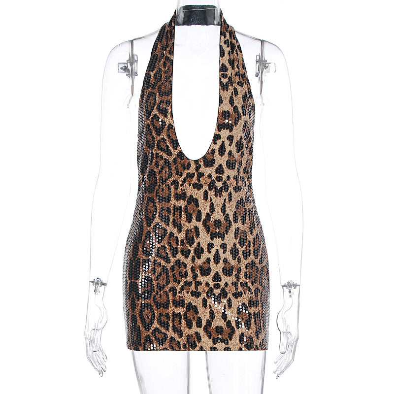 Spring Sexy Sleeveless Halter Leopard Print Deep V Plunge neck Backless Sheath Dress Women
