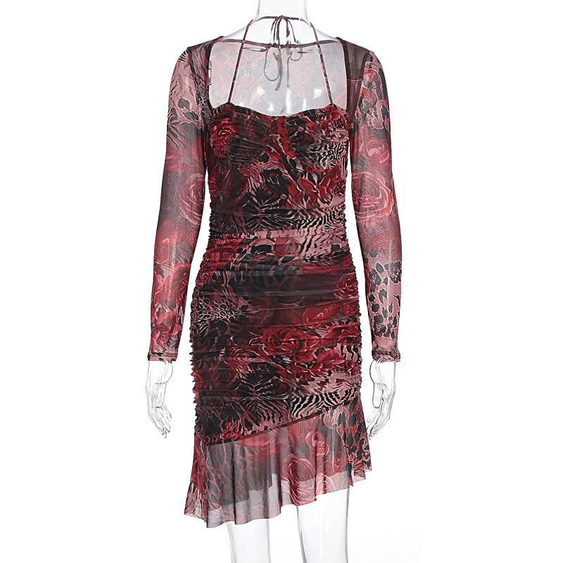 Women Clothing Summer Slim Fit Sexy Mesh Floral Print Strap Sheath Dress