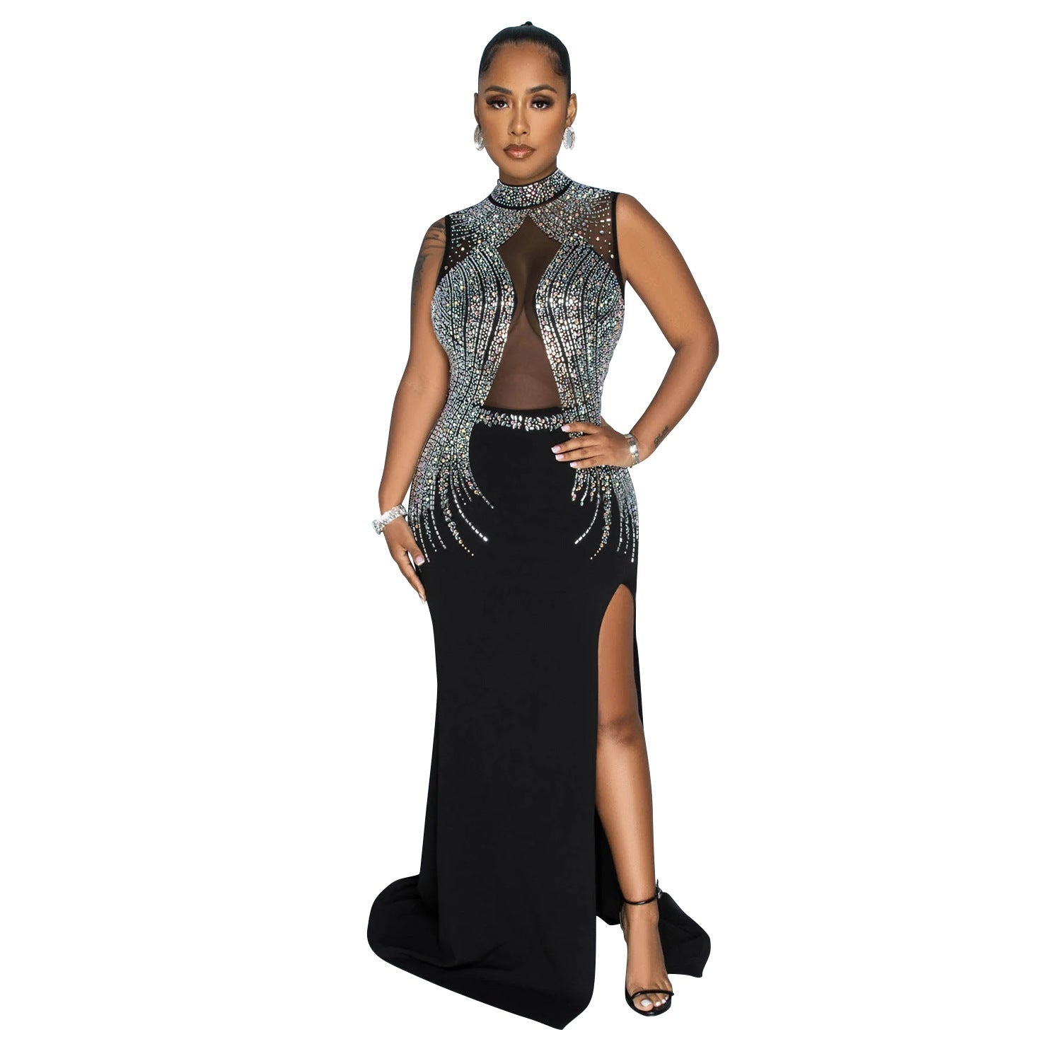Women Wear Solid Color Mesh Drilling Split Maxi Dress