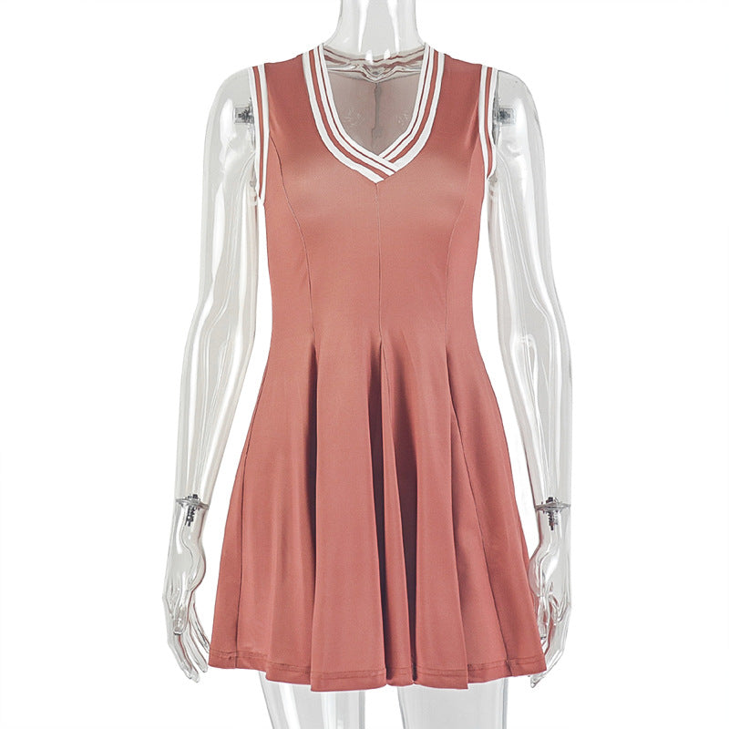 Stitching Women Clothing Pleated Waist Tight A line Dress Simple V neck Slimming Short Sleeveless Dress