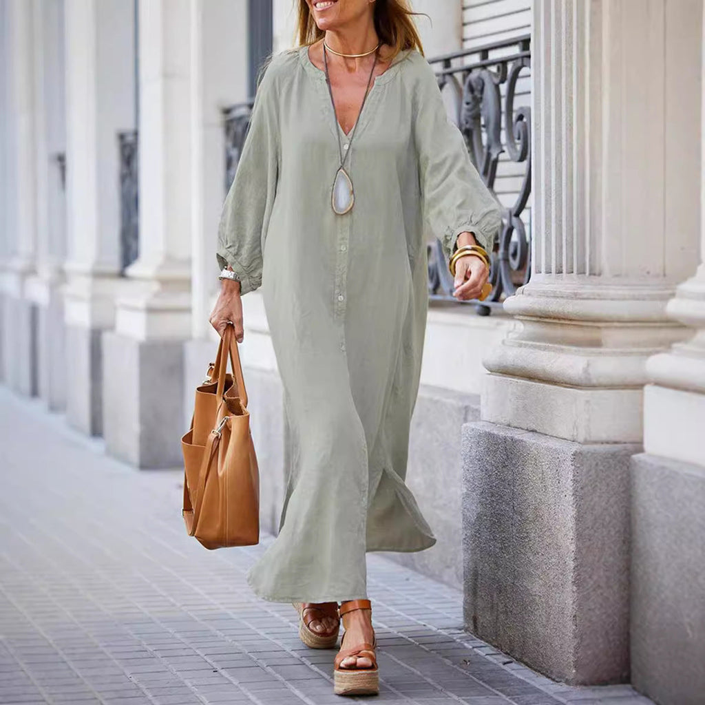 Autumn Winter Cotton Linen Shirt Casual Long Sleeve Cardigan Dress Women