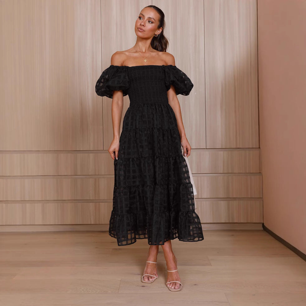 Women One Neck Lantern Sleeve Layer Stitching Dress