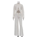 Women Collared Long Sleeves Cropped Design White Shirt Hollow Out Cutout out Tied Wide Leg Pants Two Piece Set
