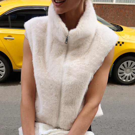 Autumn Winter Arrival Solid Color Sleeveless Zipper Vest Mink like Fur High Collar Loose Plush Coat Women