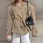 Autumn Design Trendy Casual Lace up Tight Waist Mid Length Khaki Trench Coat for Women