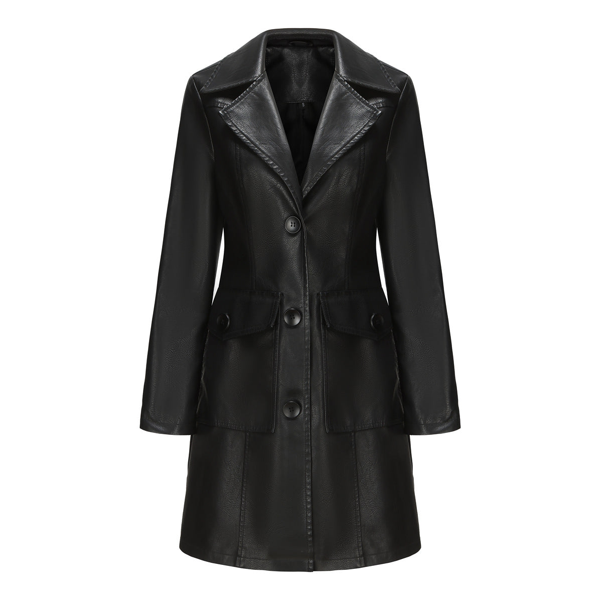 Long Leather Coat Spring Autumn Long Sleeve Leather Wind Coat British Coat Women Collared Single Breasted