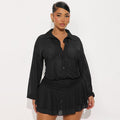 Women Clothing Autumn Solid Color Casual Shirt Collared Ruffled Long Sleeve Mini Dress