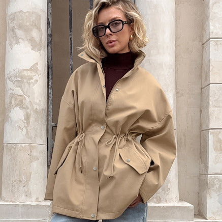 Women Design Mid Length Simple Casual Loose Waist Controlled Lace up Drawstring Trench Coat