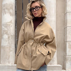 Women Design Mid Length Simple Casual Loose Waist Controlled Lace up Drawstring Trench Coat