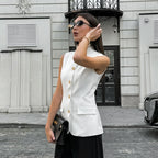 Fashionable Elegant Sleeveless Vest Top Spring Summer White Small Stand Collar Office Casual Shirt