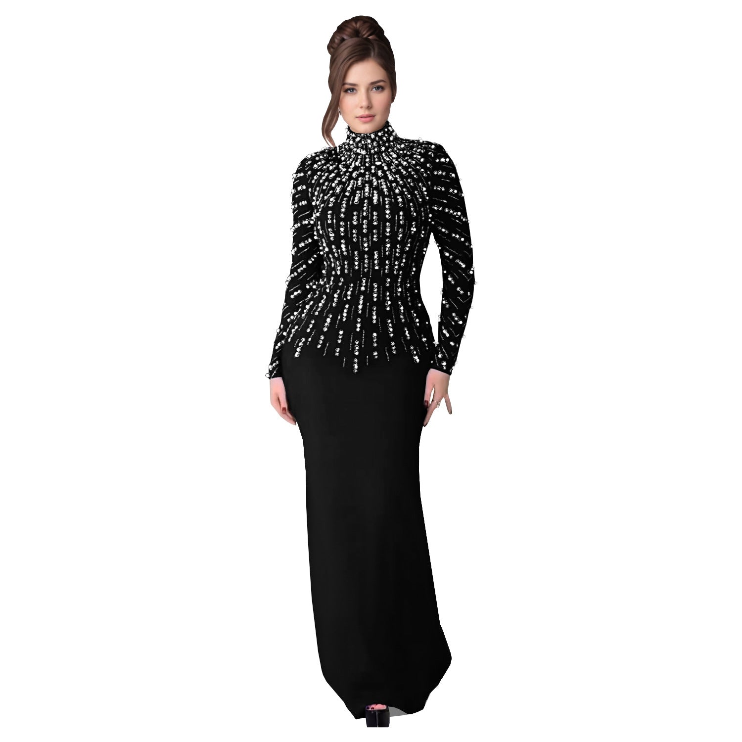 Women Wear Long Sleeve Beaded Rhinestone Arm Covering Dress