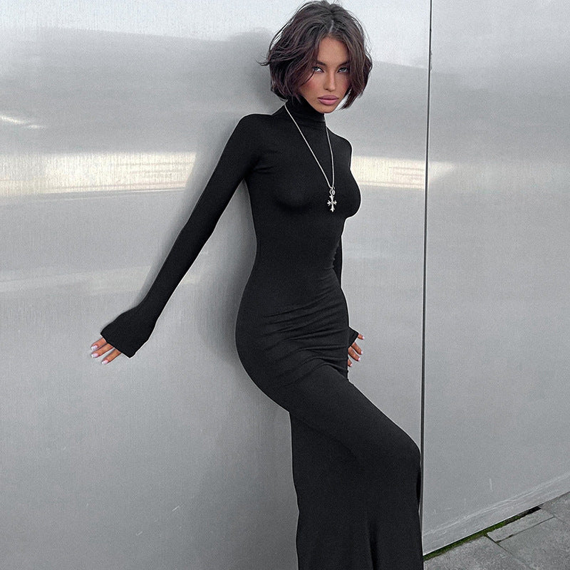 Women Clothing Autumn Winter Sexy Turtleneck Long Sleeve Tight High Waist Dress Solid Color Dress