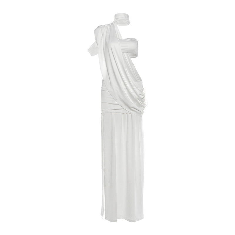 Autumn Winter Women Clothing Solid Color Sexy Halter Backless Slit Pleated Elegant Dress