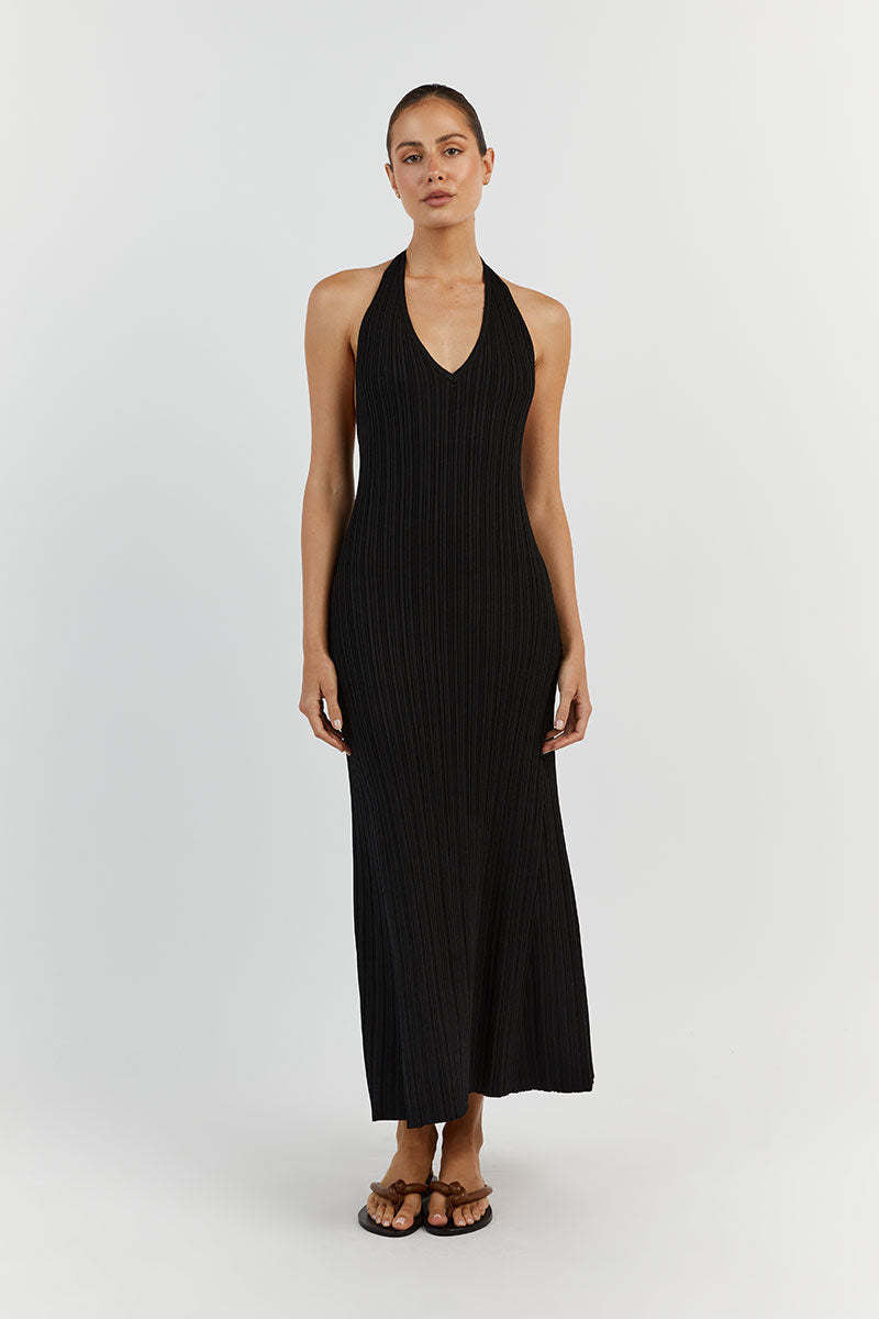 Sunken Stripe V Neck Slimming Knitted Long Backless Lace Up Dress Casual Waist Tight Women