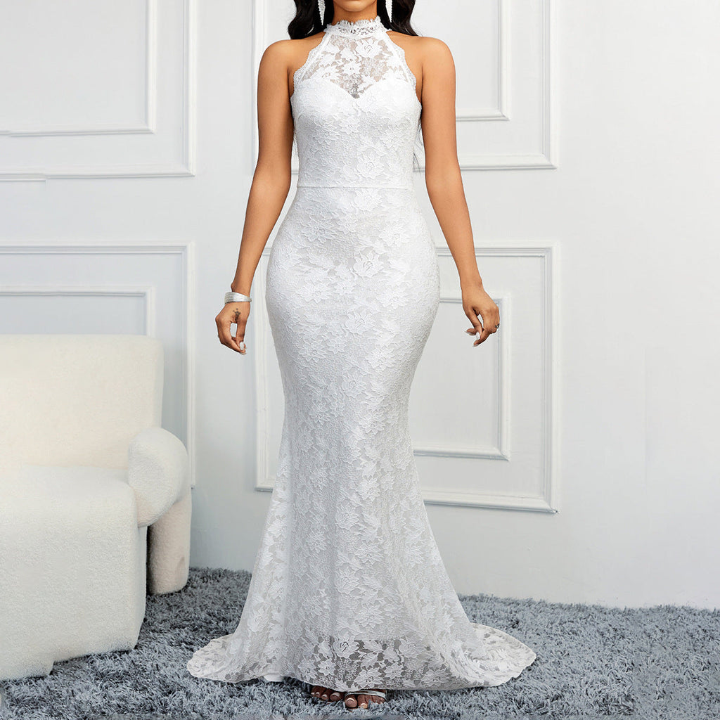 Spring Backless Solid Color Trailing Elegant Slim Party Women Evening Dress