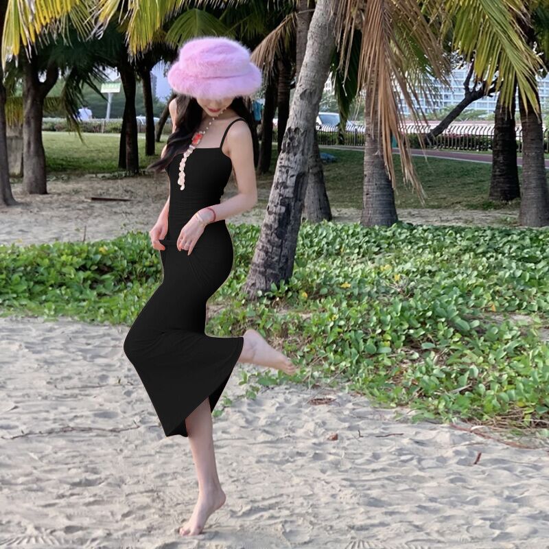 Women off Neck Strap Backless Sexy Slim Waist Mid Length Dress