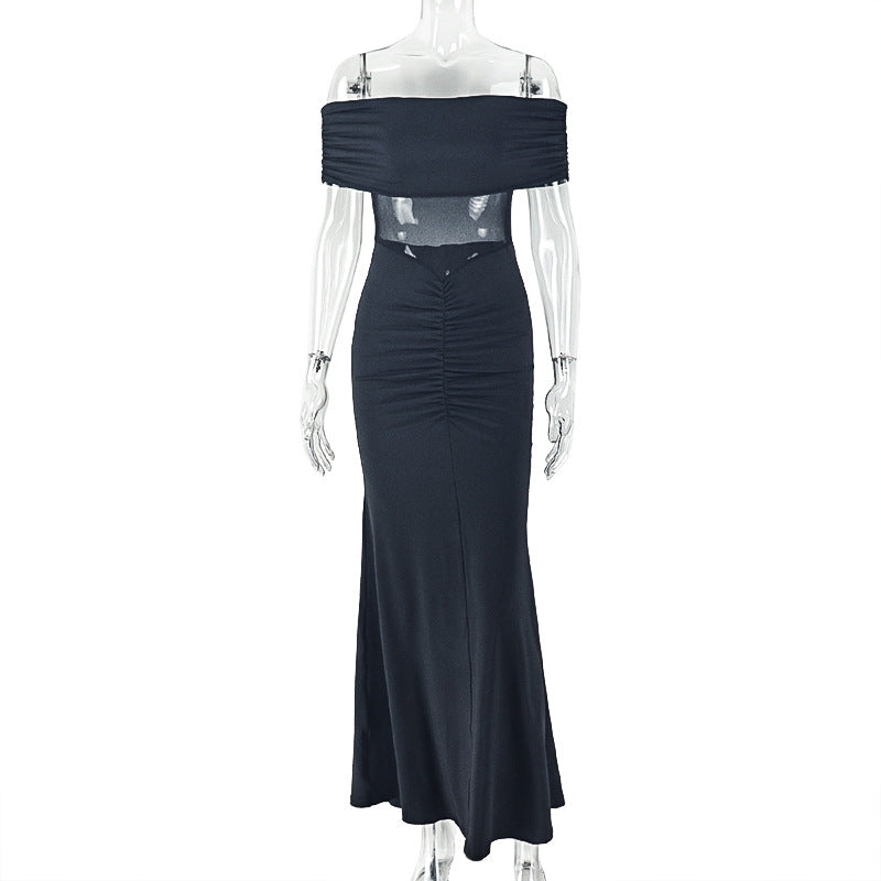 Women Clothing Mesh Micro Transparent Sexy Design Hip Dress Solid Color off Shoulder Maxi Dress