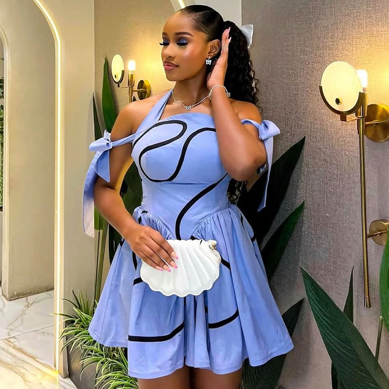 Women Clothing Summer Elegant Halter Printing Lace up off Shoulder High Waist Pleated Dress