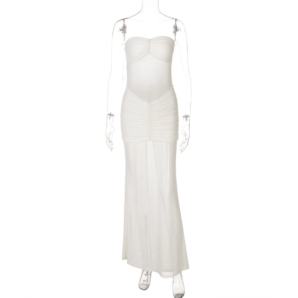 Mesh Stitching Dress Summer Women Sexy off Neck Tube Top Dress