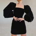 Autumn Winter Halloween Square Collar Black Long Pleuche Dress Women Clothing Hip Puff Sleeve