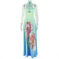 Fresh Gradient Women Printed Pattern Waist A line Dress Halter Cut out Maxi Dress