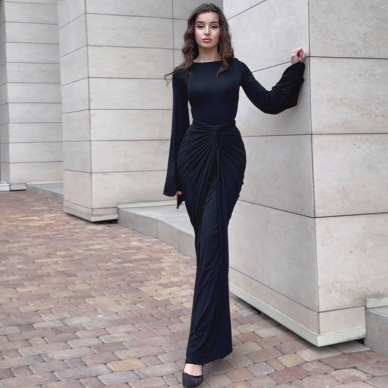 Women Clothing Autumn Pleated Waist Tight Lace up Long Sleeve Dress Women