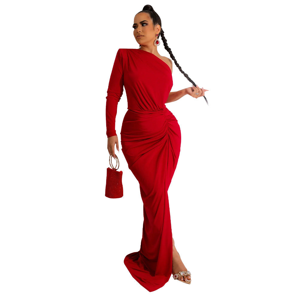 Women Clothing Autumn Oblique Shoulder Pleated Solid Color Dress Maxi Dress