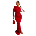 Women Clothing Autumn Oblique Shoulder Pleated Solid Color Dress Maxi Dress