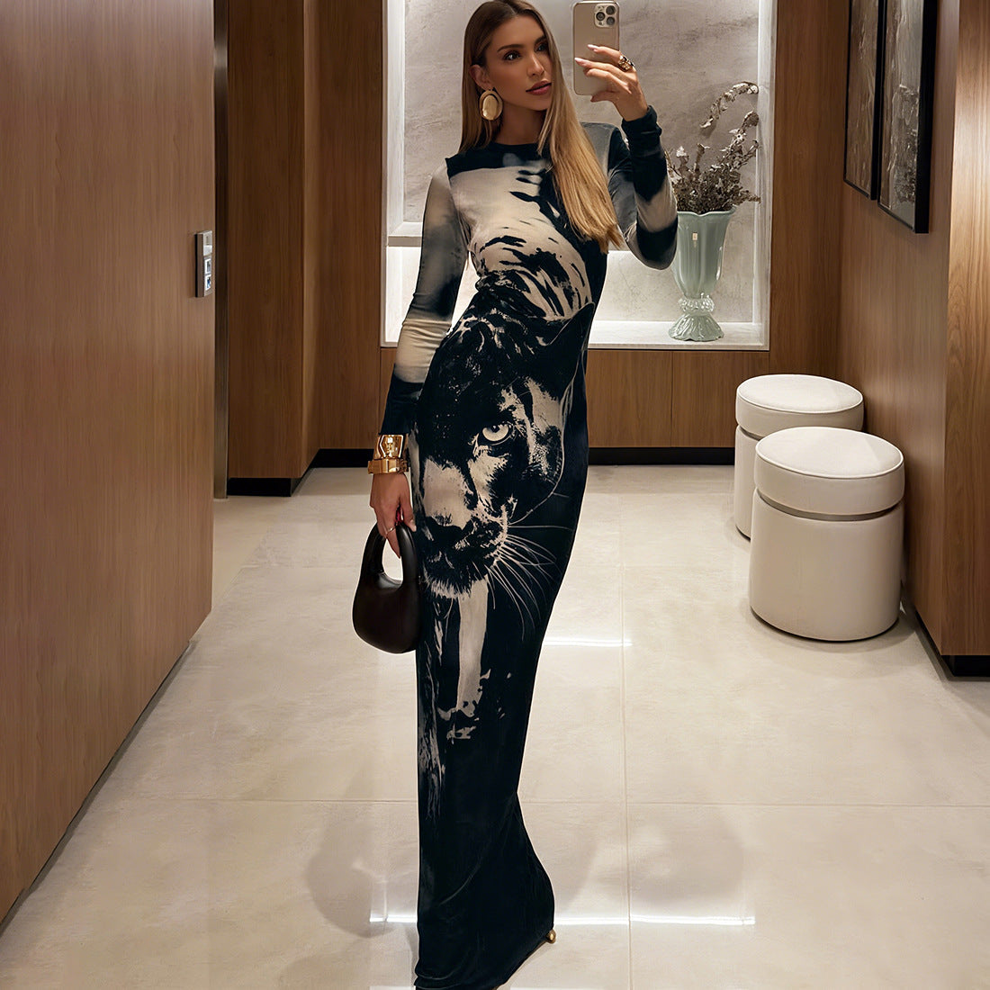 Summer Women High Waist Slim Fit round Neck Long Sleeves Printing Dress