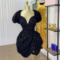 Women Clothing Spring Summer Sexy V neck Puff Sleeve High Waist Slimming Pleating Short Dress