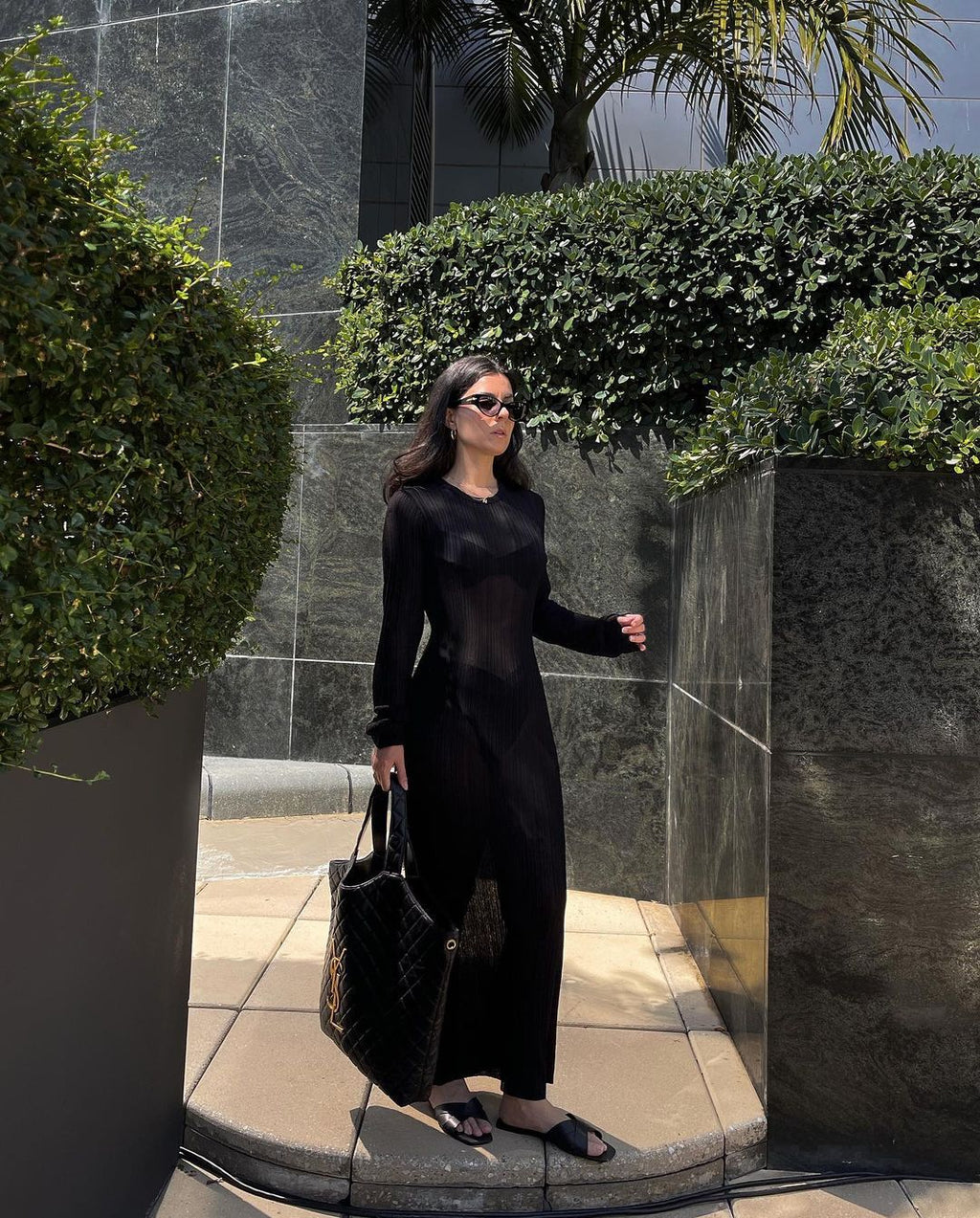 See Through Knitted Long Sleeved Dress Casual Waist Tight Slim Fit Round Neck Big Pit Stripe Slimming Knitted Maxi Dress Women