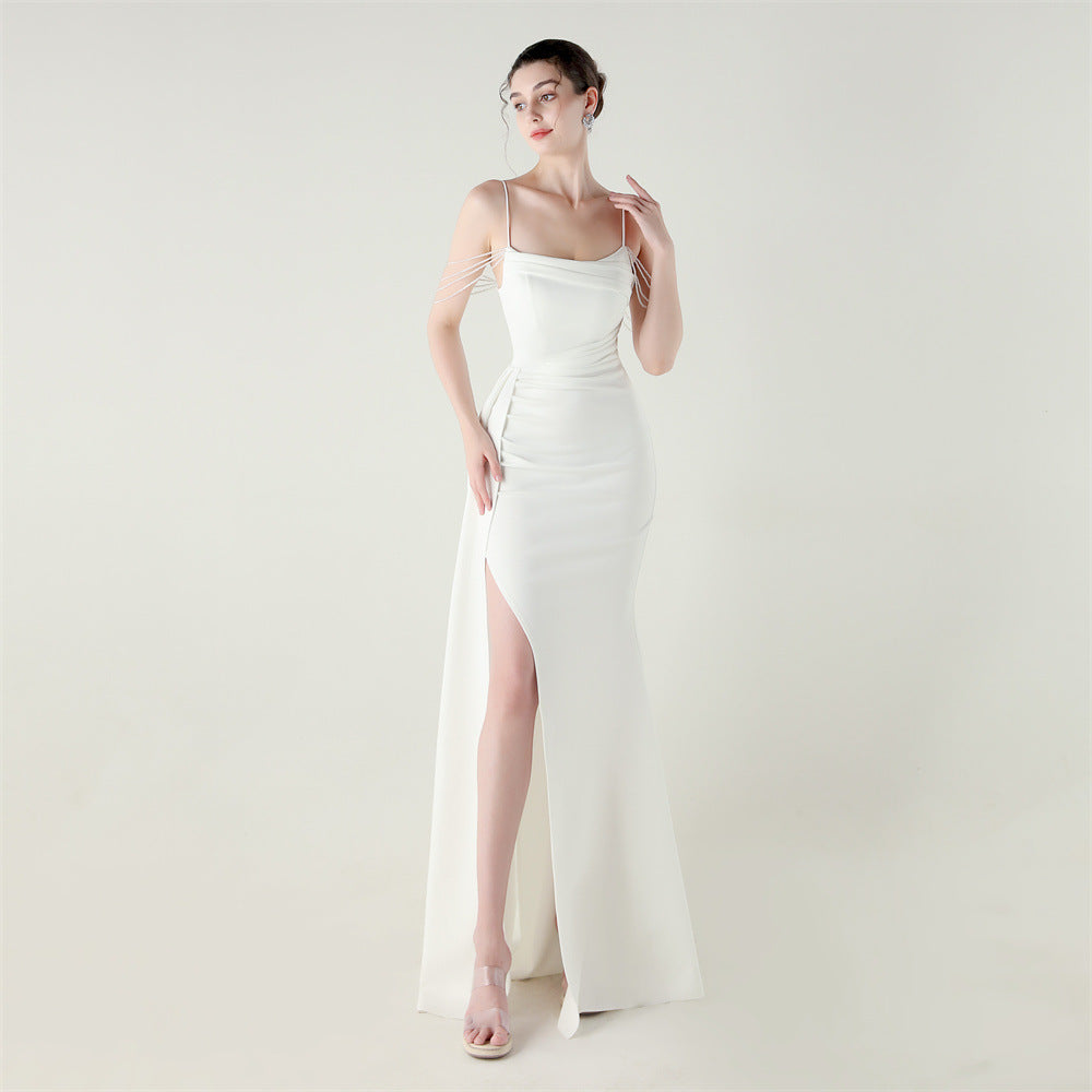 Bandeau Sling Satin Craft Beaded Chain Fishtail Evening Dress Dinner Wedding Ball