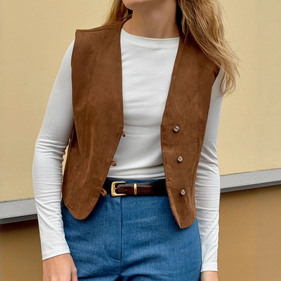 Autumn Women Clothing Coat Suede Matte Casual Short Retro British V neck Bandage Vest